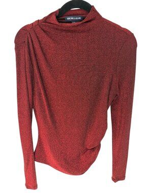 Veronica Beard Red Metallic Lurex Turtleneck Top Draped Shoulder XS Party Holida